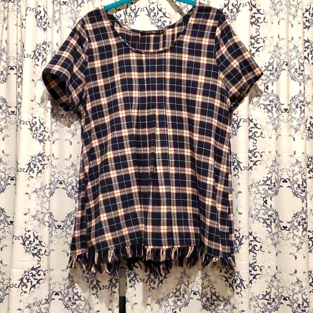 navy plaid shirt fringe hem